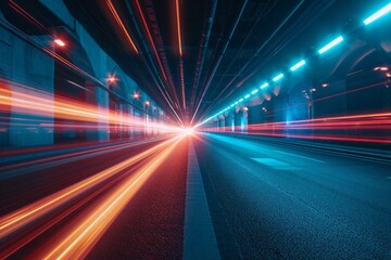 Speed through technology: Dynamic light trails in tunnel showcasing rapid movement and urban velocity. - obrazy, fototapety, plakaty