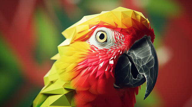 Illustration polygonal drawing of blue wing macaw bird with tropical leaf. Ara parrot. Macaw. Photo realistic