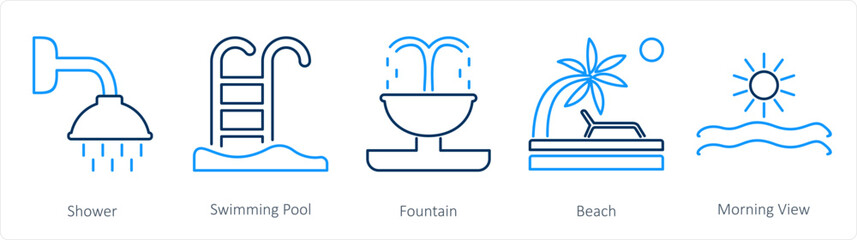 A set of 5 Mix icons as shower, swimming pool, fountain
