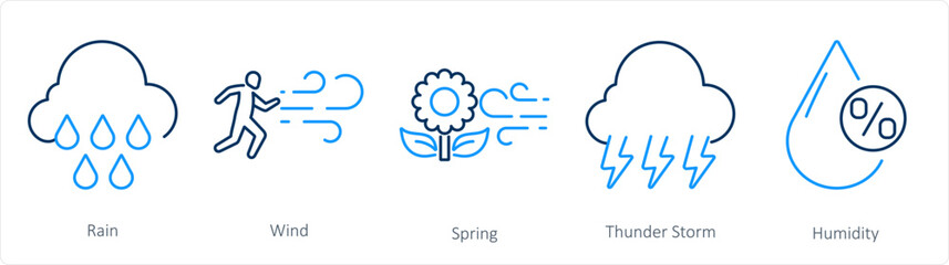 A set of 5 Mix icons as rain, wind, spring