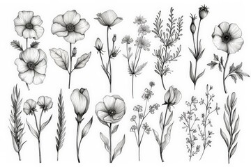 Monochrome Floral Illustrations, Outline Drawings