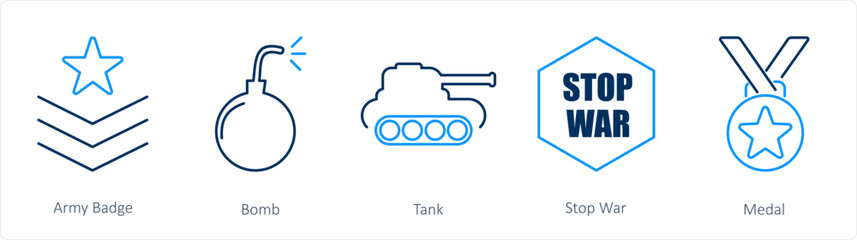 A set of 5 Mix icons as army badge, bomb, tank