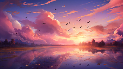 Captivating Landscape: Sky, Clouds, and Sunset in an Enchanting Oil Painting View. Mesmerizing Wallpaper with a Blend of Light Colors, Shades of Purple, Anime-style Magic, and Vibrant Splashes
