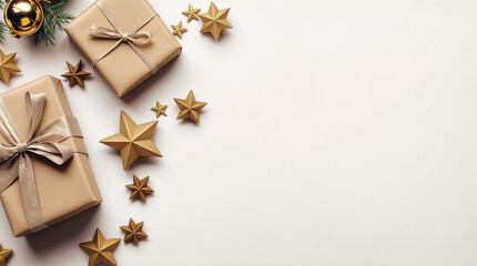 Christmas composition with gifts on light background. Flat lay, top view.