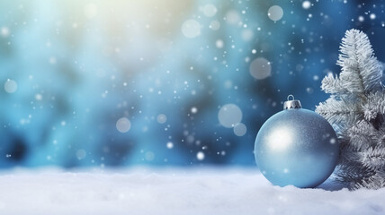 Fototapeta na wymiar Background with Christmas snowy fir tree and Christmas toys, snow. 