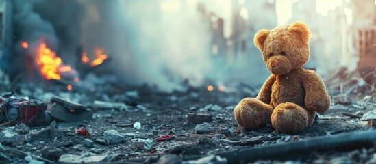 A teddy bear toy on the ruins of a city destroyed by war conflict. AI generated images - obrazy, fototapety, plakaty