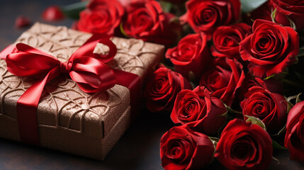 St. Valentine's Day present. Small hearts, candles, a gift box, and red roses bouquet on light background.
