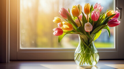 Bouquet of colorful tulips in glass vase on windowsill of white kitchen window. Petals of fresh tulips are illuminated by bright sunlight. Concept of beauty, simplicity and tenderness. Copy space.