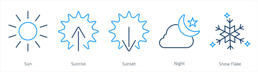 A set of 5 mix icons as sun, sunrise, sunset