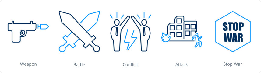 A set of 5 mix icons as weapon, battle, conflict