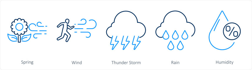 A set of 5 mix icons as spring, wind, thunderstorm