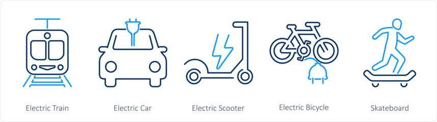A set of 5 mix icons as electric train, electric car, electric scooter