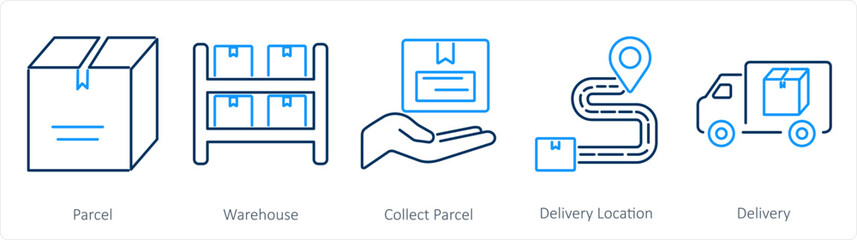 A set of 5 mix icons as parcel, warehouse, collect parcel
