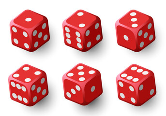 Red dice with black dots. Vector set isolated on white background. 3d dice.