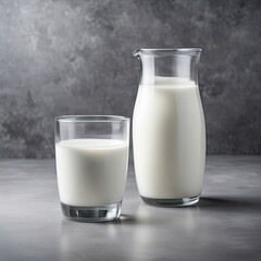 Decanter with milk and glass of milk on a gray background. Natural products concept