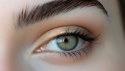 Close up photo of a hazel female eye with simple make up. Only eyeliner and mascara is applied. Her eyebrow is visible