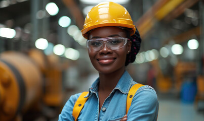 Portrait Black smart African women worker standing happy smiling in factory industry workplace