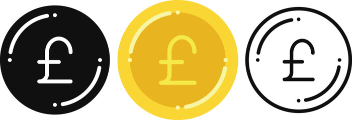 pound currency coin set black, gold, line art, pound money. currency digital pound coin for financial concept, vector illustration