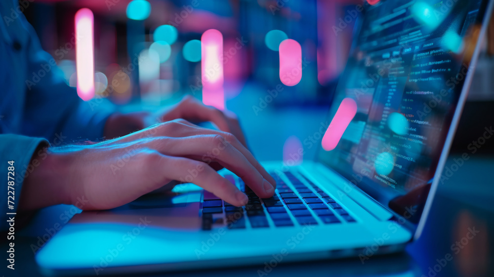 Poster close-up view of a person's hands typing on a laptop keyboard. the screen displays lines of code