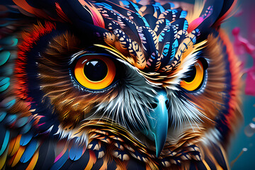 Abstract owl portrait with colorful double exposure paint