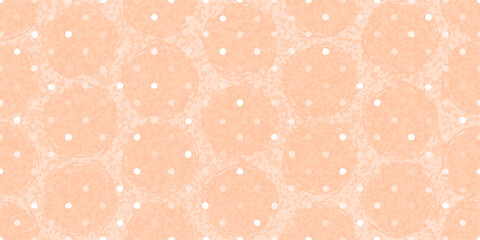 Peach fuzz circle spot pattern. Seamless background. Grunge polka dot in peach fuzz color. 2024 year colour abstract seamless pattern. Spring trend fashion round splash background. Cloth fabric vector