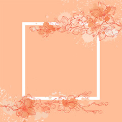 2024 year color frame. Peach tree blossom. Fuzz branch pattern. Peach flower background in soft palette. Abstract fuzz 2024 year colour. Spring japanese summer fashion, interior design trendy palette