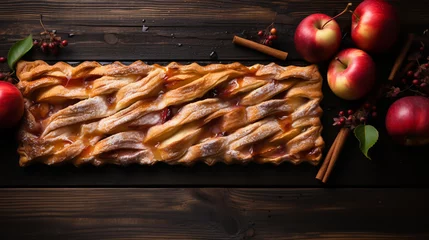 Keuken spatwand met foto Homemade autumn apple pies, table scene with a rustic wood background © alexkich