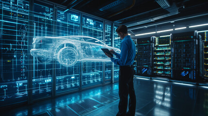 man standing in a server room looking at a tablet, with a holographic projection of a car in front of him
