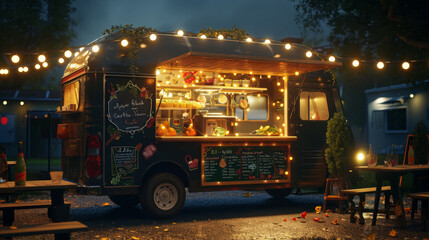 vibrant food truck at night illuminated by string lights