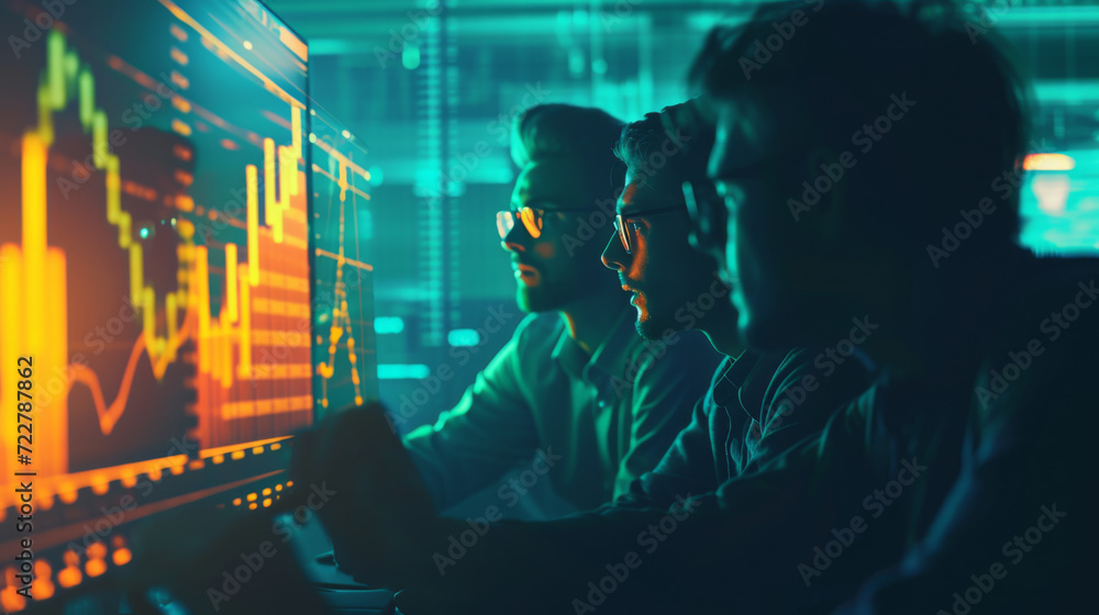 Poster individuals are analyzing financial data on multiple computer screens in a dark room illuminated by 