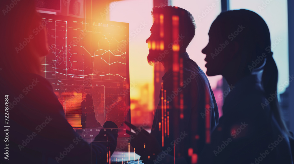 Poster individuals are analyzing financial data on multiple computer screens in a dark room illuminated by 