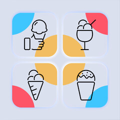 Sweet set line icon. Ice cream , cone, treat, sprinkles, lactose, dairy, frozen juice, frosting. Glassmorphism style. Vector line icon for business and advertising