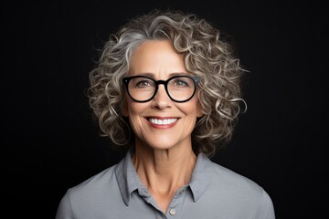 Portrait of smiling senior woman in eyeglasses on black background