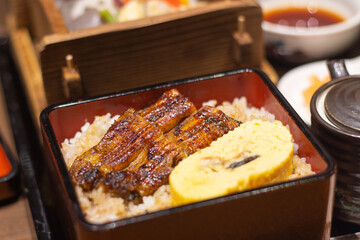 Top down view of grilled eel and tamagoyaki rice bowl or unadon