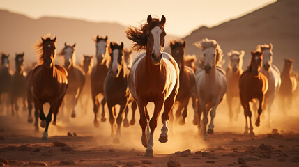 Horse herd run in sunlightwith dust at summer pasture