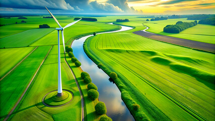 Photorealism of a wind turbine in a field of green grass with a river in the background.