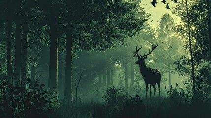 A solitary deer stands in a serene, mist-filled forest, its silhouette highlighted against the backdrop of early morning light filtering through the trees.