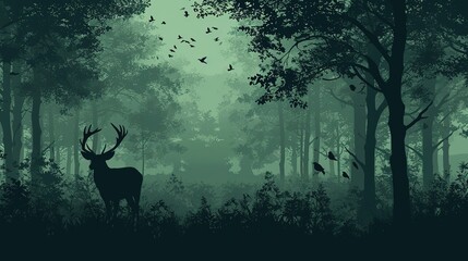 A majestic stag stands as a silhouette against the ethereal green backdrop of a misty forest, with birds taking flight in the serene environment.