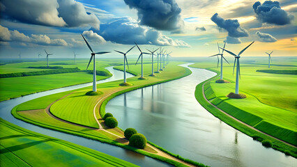 Wind turbines in a field of green grass with a river in the background.