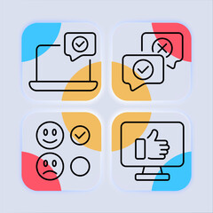 Feedback set line icon. Like, favorites, video hosting, contacts, thumbs up, emoji, subscribers. Glassmorphism style. Vector line icon for business and advertising