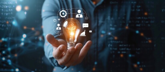 Businessman holding a light bulb with data analysis of growth graph technology. Generated AI image