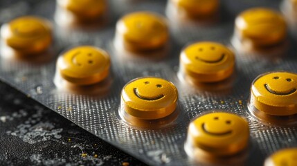 Smiley pills in blister pack on dark background, close-up. Generative AI. - obrazy, fototapety, plakaty