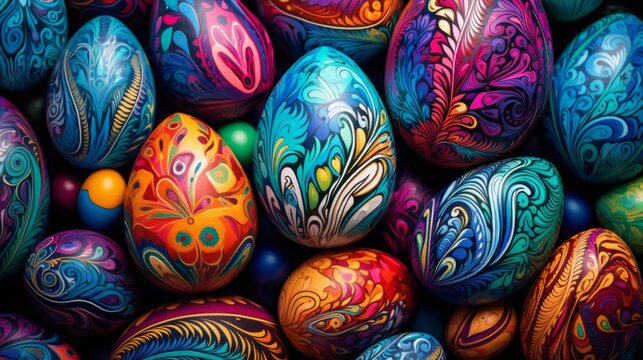 Unusual colorful festive Easter eggs with beautiful drawings