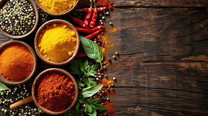 Top view Colorful assortment of spices and herbs on a wooden background, featuring pepper, chili, ready for cooking copy space area