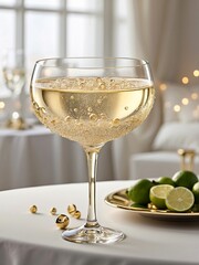 Glass of champagne and lime in gold plate on white table with bokeh lights background, closeup and selective focus. The concepts of congratulating, anniversary, festive celebration