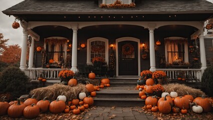 "Halloween House Adorned with Pumpkins: Winning Stock Photo