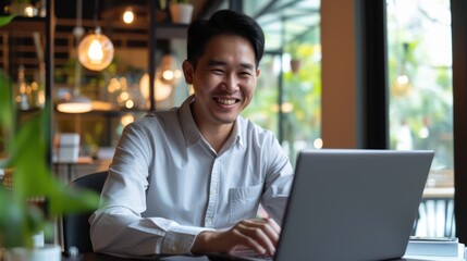 
A cheerful Asian businessman in an office is engaged with his laptop, typing away. He’s smiling as he works on emails, plans, or feedback reports in a coworking space.  - obrazy, fototapety, plakaty