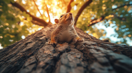 small squirrel looks upwards while clinging to the side of a tree, with sunlit leaves in the background
