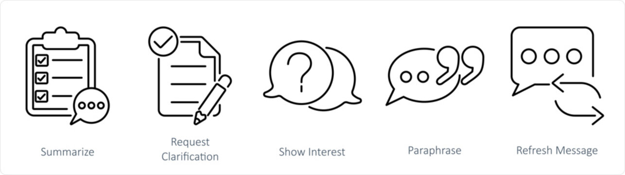 A set of 5 Active Listening icons as summarize, request clarification, show interest