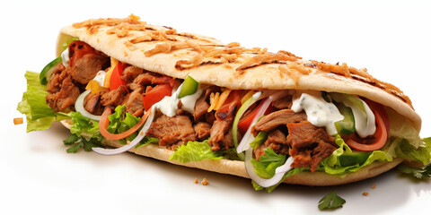 Close up image of kebab sandwich on white background.